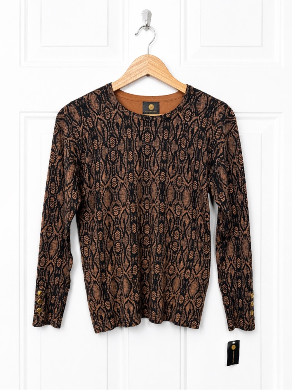 JM Collection Womens Petite Medium Brown Snakeskin Print Button Cuff Sweater PM